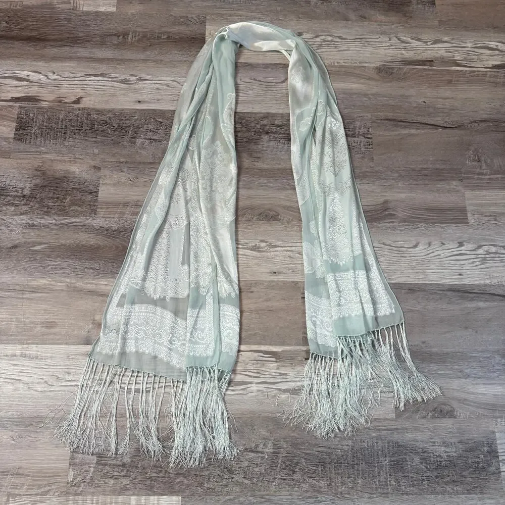 Oscar de la Renta Silk Damask Scarf Shawl Celadon Fringe 90